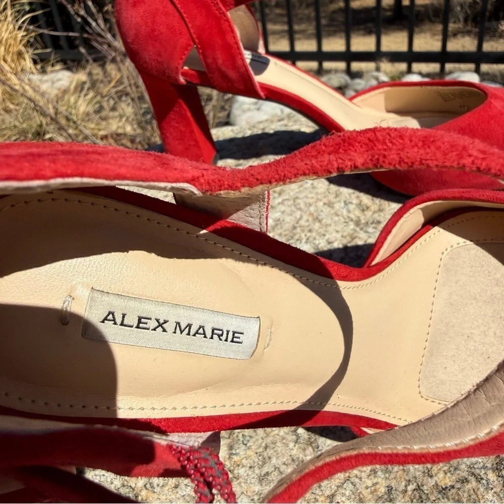 Alex Marie Womens Red Suede Ankle Strap Block Heel Pointed Toe Pumps Size 7M